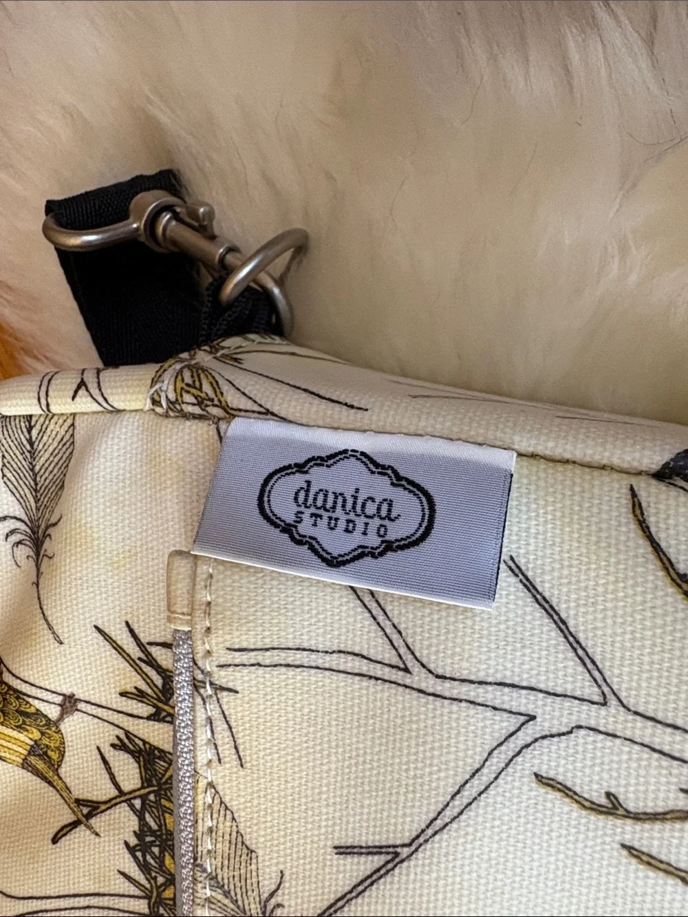 Danica Studios Canvas Bird-Print Laptop Bag in Cream and Mustard
